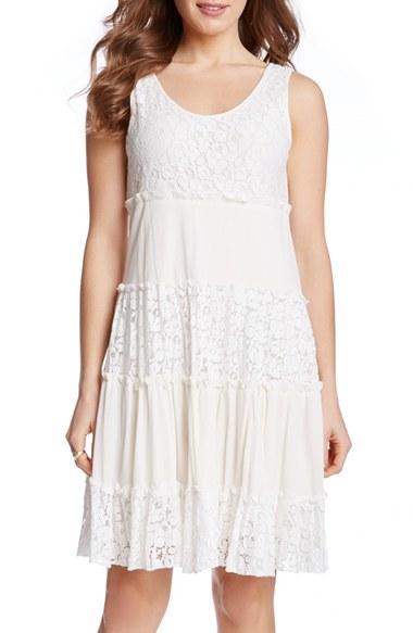 Women's Karen Kane 'tara' Tiered Lace A-line Dress - Beige