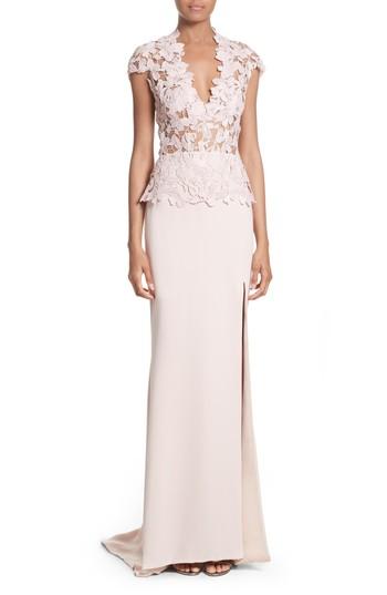 Women's Reem Acra Guipure Lace & Stretch Silk Sheath Gown - Pink