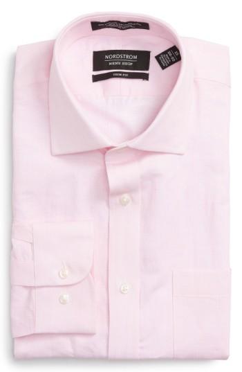 Men's Nordstrom Men's Shop Trim Fit Solid Linen & Cotton Dress Shirt .5 - 34/35 - Pink