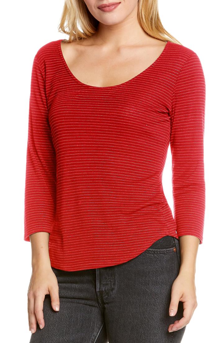 Women's Michael Stars Metallic Stripe Tee, Size - Red