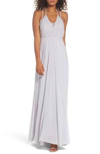 Women's Lulus Celebrate The Moment Lace Trim Chiffon Maxi Dress