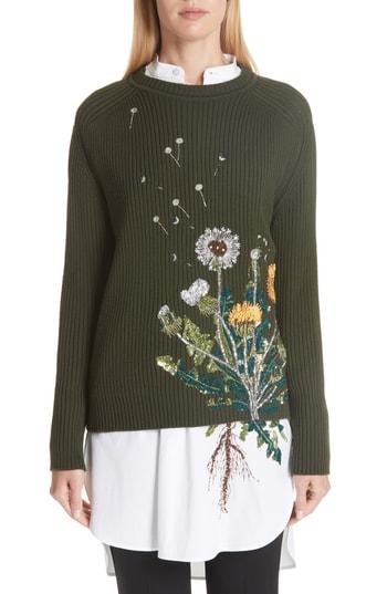 Women's Oscar De La Renta Embellished Dandelion Wool Blend Sweater - Green