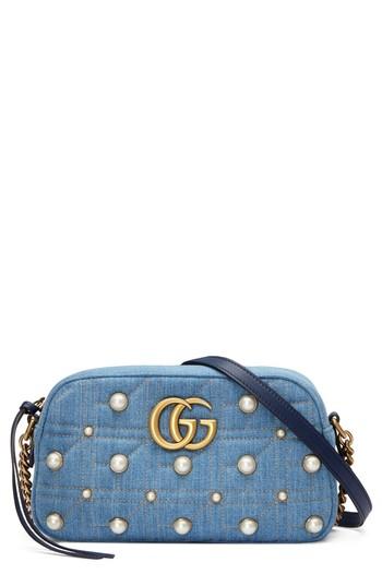 Gucci Marmont 2.0 Imitation Pearl Embellished Denim Camera Bag - Blue