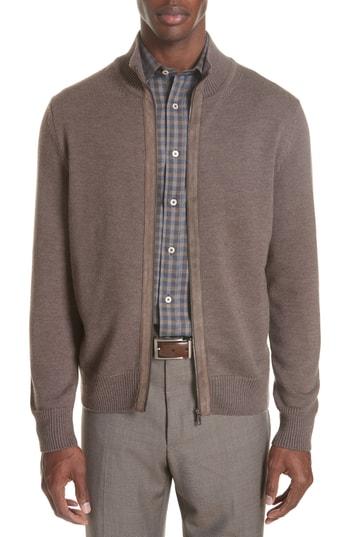 Men's Canali Merino Wool Zip Cardigan Us / 50 Eu R - Brown