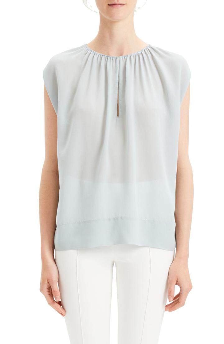 Women's Theory Gathered Slit Neck Silk Blouse, Size - Blue
