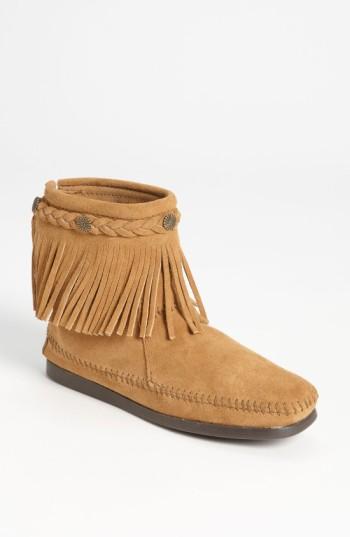 Women's Minnetonka Fringed Moccasin Bootie .5 M - Beige