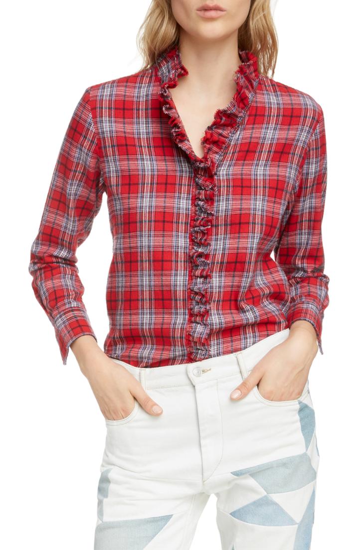 Women's Isabel Marant Etoile Dawendy Ruffle Plaid Top Us / 34 Fr - Red