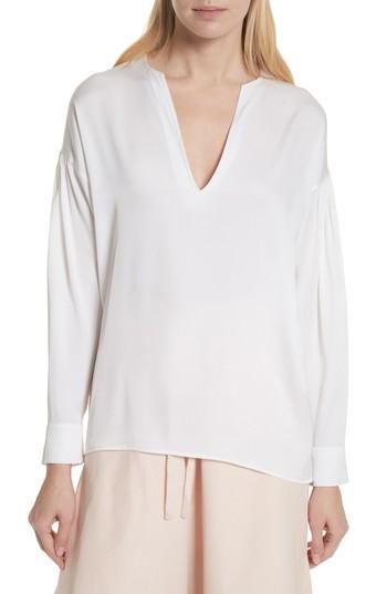 Women's Vince Ruched Split Neck Stretch Silk Blouse - White