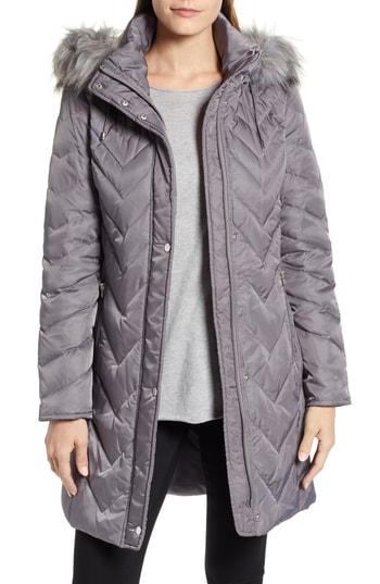 Women's Marc New York Matte Satin Chevron Faux Fur Trim Coat - Grey