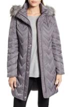 Women's Marc New York Matte Satin Chevron Faux Fur Trim Coat - Grey