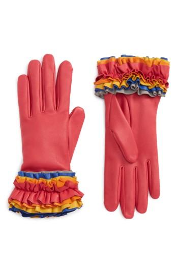 Women's Agnelle Ruffle Lambskin Leather Gloves .5 - Pink