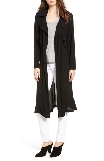 Women's Trouve Ruffle Drape Front Belted Duster Jacket, Size - Black