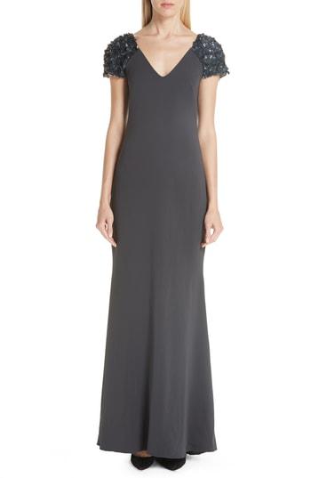 Women's Badgley Mischka Beaded Cap Sleeve Gown - Grey