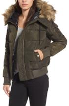 Women's Michael Michael Kors Missy Water Resistant Puffer Bomber Jacket With Detachable Hood And Faux Fur Trim - Green