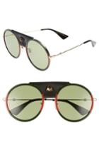 Men's Gucci Web Block 56mm Round Sunglasses With Leather Wrap - Gold/ Black
