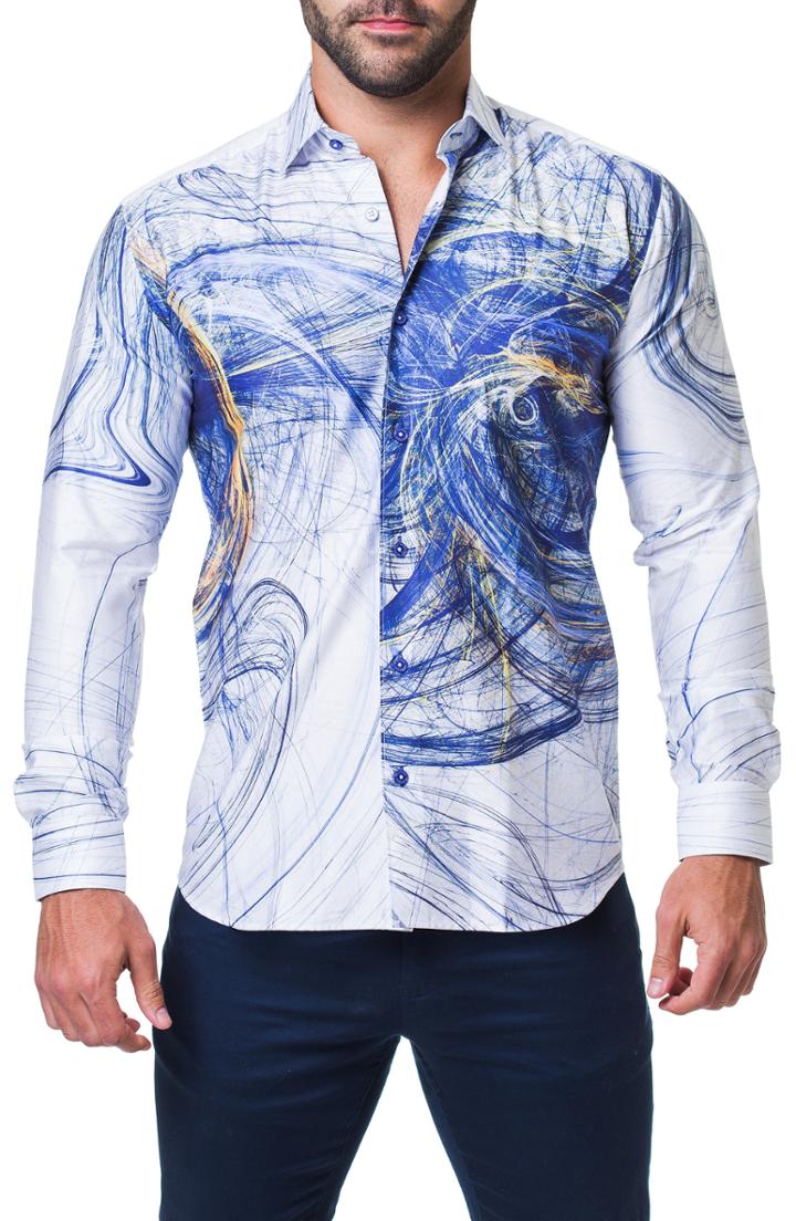 Men's Maceoo Fibonacci Scribble Trim Fit Print Sport Shirt (m) - Blue