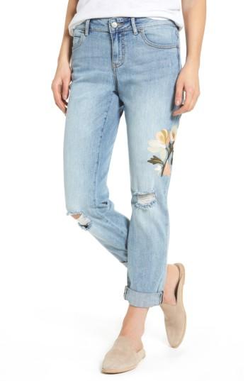 Women's Caslon Ripped & Floral Embroidered Straight Leg Jeans - Blue
