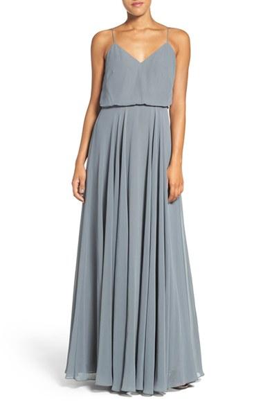 Women's Jenny Yoo 'inesse' Chiffon V-neck Spaghetti Strap Gown - Grey