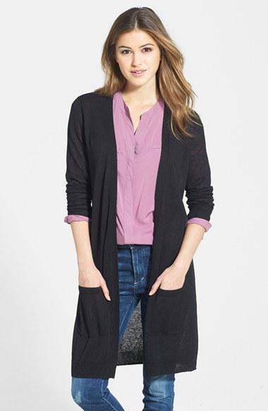 Petite Women's Halogen Long Linen Blend Cardigan P - Black