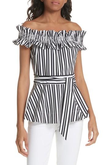 Women's Kate Spade New York Candy Stripe Off The Shoulder Ruffle Stretch Cotton Top - Blue