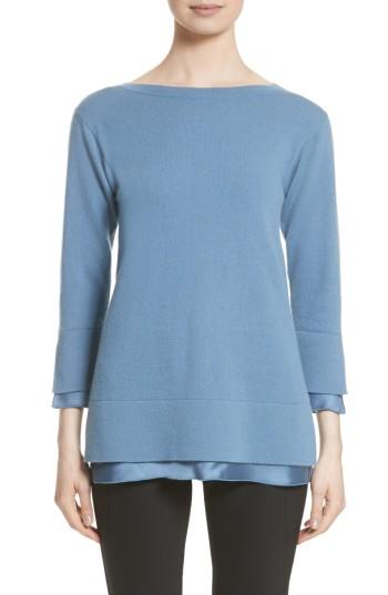 Women's Lafayette 148 New York Charmeuse Trim Cashmere Sweater - Blue
