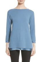 Women's Lafayette 148 New York Charmeuse Trim Cashmere Sweater - Blue