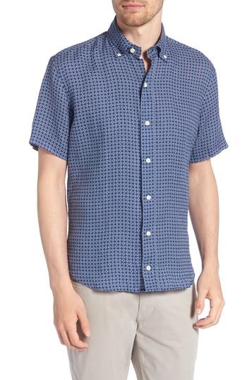 Men's Ledbury Windham Print Classic Fit Linen Sport Shirt - Blue