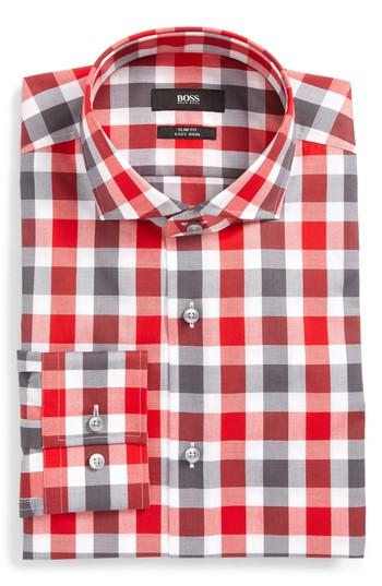 Men's Boss Jason Slim Fit Easy Iron Plaid Dress Shirt .5 - Red