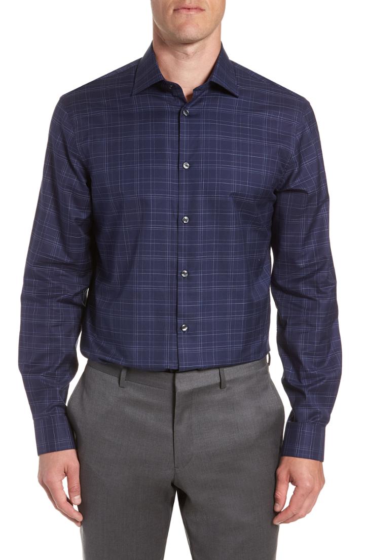 Men's John Varvatos Star Usa Windowpane Plaid Fit Dress Shirt, Size 15.5r - Blue