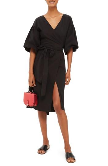 Women's Topshop Balloon Sleeve Wrap Dress Us (fits Like 2-4) - Black