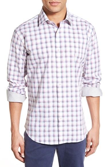 Men's Bugatchi Shaped Fit Plaid Sport Shirt, Size - Pink