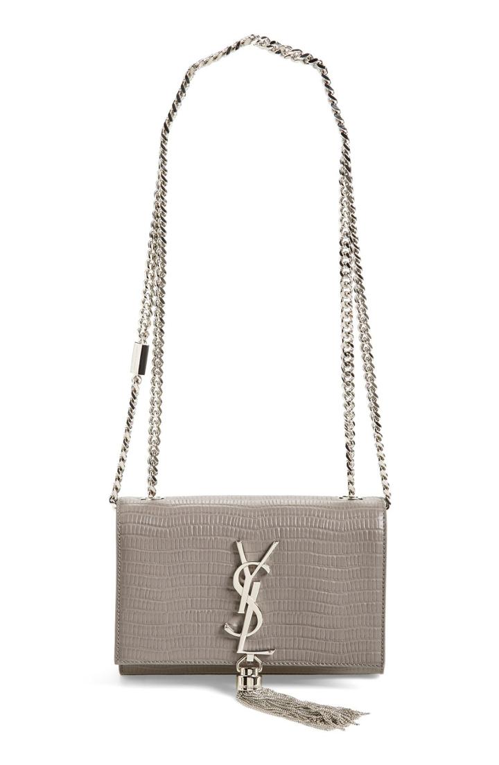 Saint Laurent 'mini Monogram' Embossed Calfskin Leather Crossbody Bag - Grey