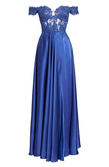 Women's La Femme Embroidered Off The Shoulder Satin A-line Gown