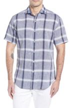 Men's Bugatchi Shaped Fit Check Linen & Cotton Sport Shirt - Blue