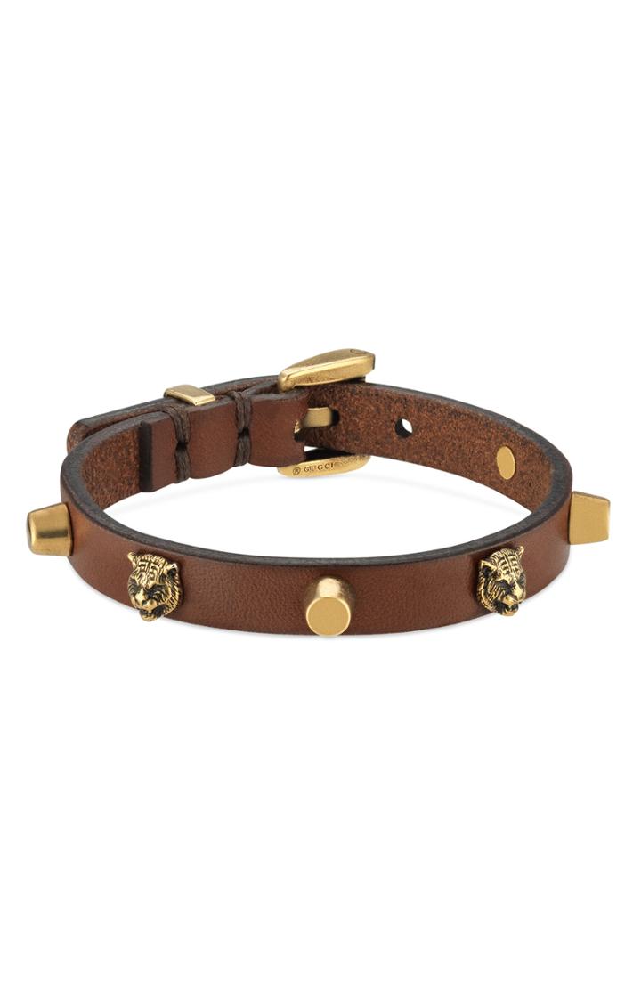 Women's Gucci Feline Head Stud Leather Bracelet