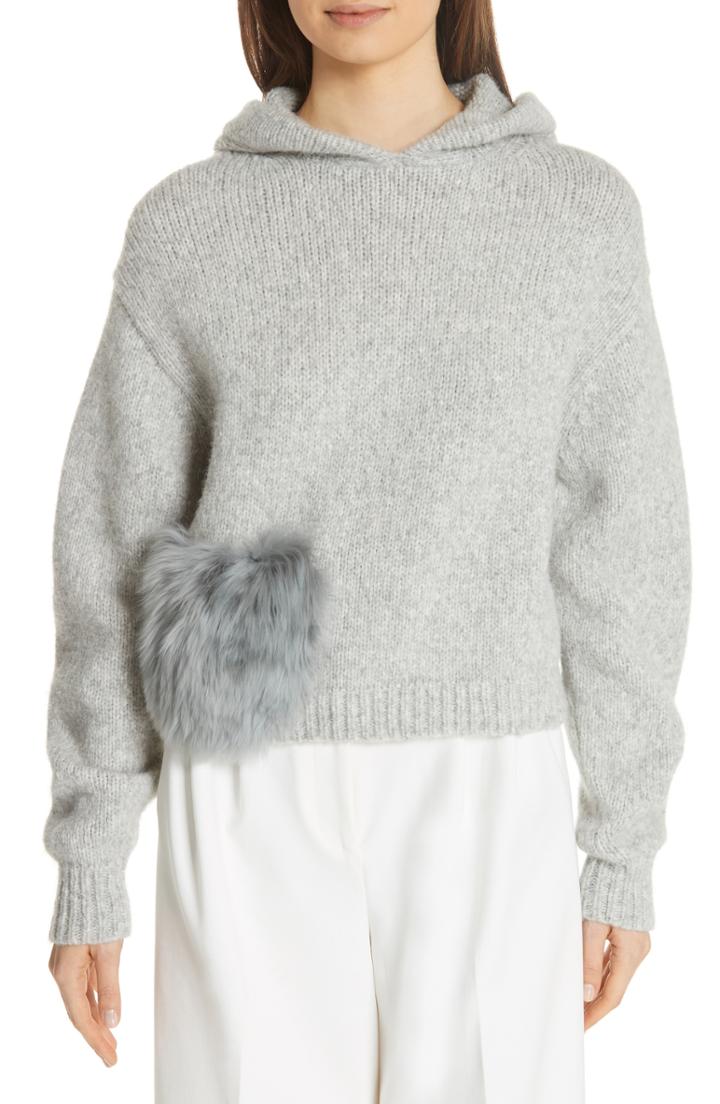 Women's Tibi Genuine Alpaca Fur Pocket Hoodie, Size - Grey