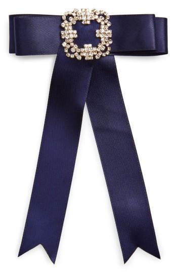 Cara Crystal Embellished Velvet Bow Pin, Size - Blue