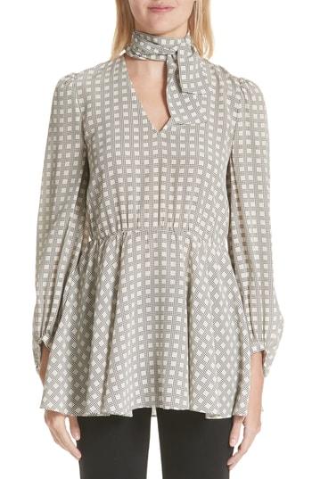 Women's Co Houndstooth Plaid Tie Neck Silk Crepe De Chine Blouse - Black