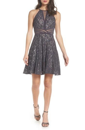 Women's Morgan & Co. Sheer Inset Lace Fit & Flare Dress /2 - Grey
