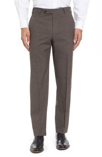 Men's Zanella Devon Flat Front Check Wool Trousers - Brown