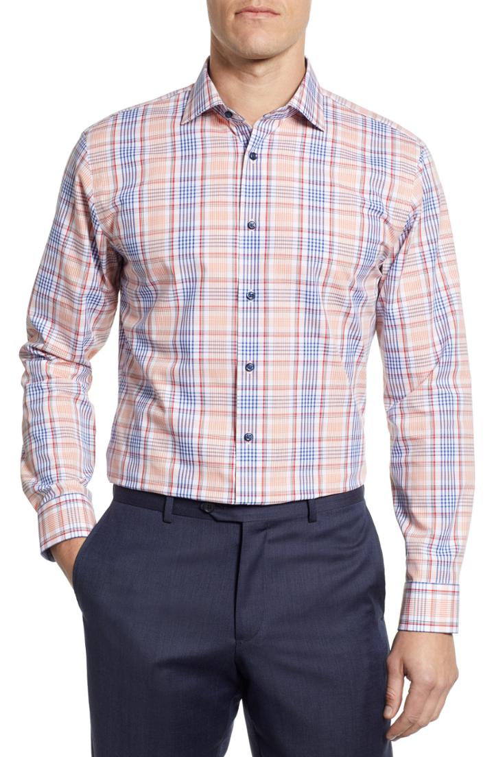 Men's Nordstrom Men's Shop Trim Fit Non-iron Plaid Dress Shirt - Coral
