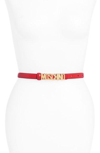 Women's Moschino Logo Plate Skinny Leather Belt - Red