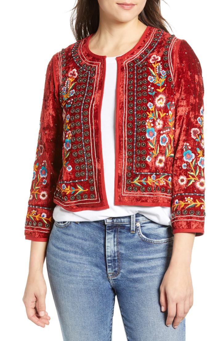 Women's Velvet By Graham & Spencer Embroidered Velvet Jacket - Red