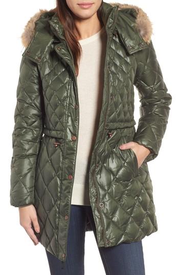 Women's Andrew Marc Quilted Anorak With Genuine Coyote Fur - Green