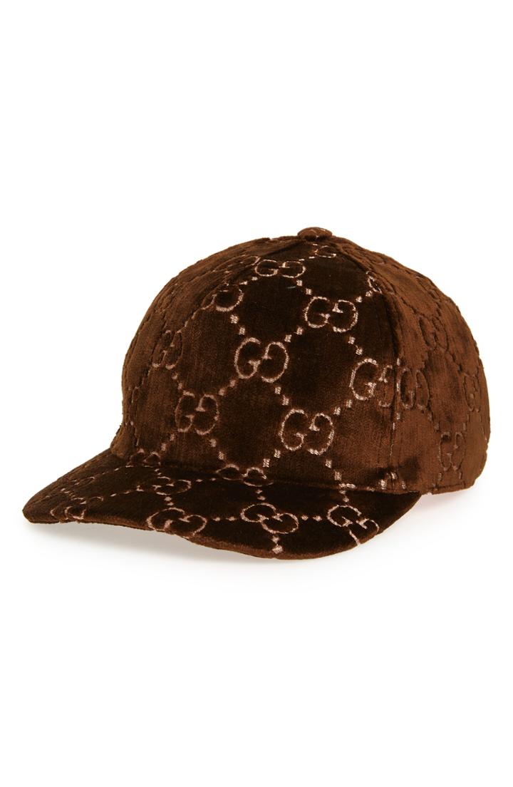 Women's Gucci Logo Embroidered Velvet Baseball Cap - Brown