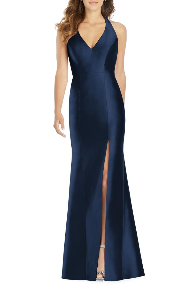 Women's Alfred Sung Halter Neck Sateen Twill Trumpet Gown - Blue