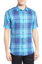 Men's Bugatchi Shaped Fit Linen Sport Shirt, Size - Blue