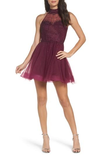 Women's La Femme Rhinestone Halter Skater Dress