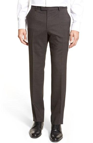 Men's Boss 'leenon' Flat Front Solid Wool Trousers R - Brown