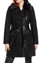 Women's Via Spiga Faux Fur Trim Belted Jacket - Black